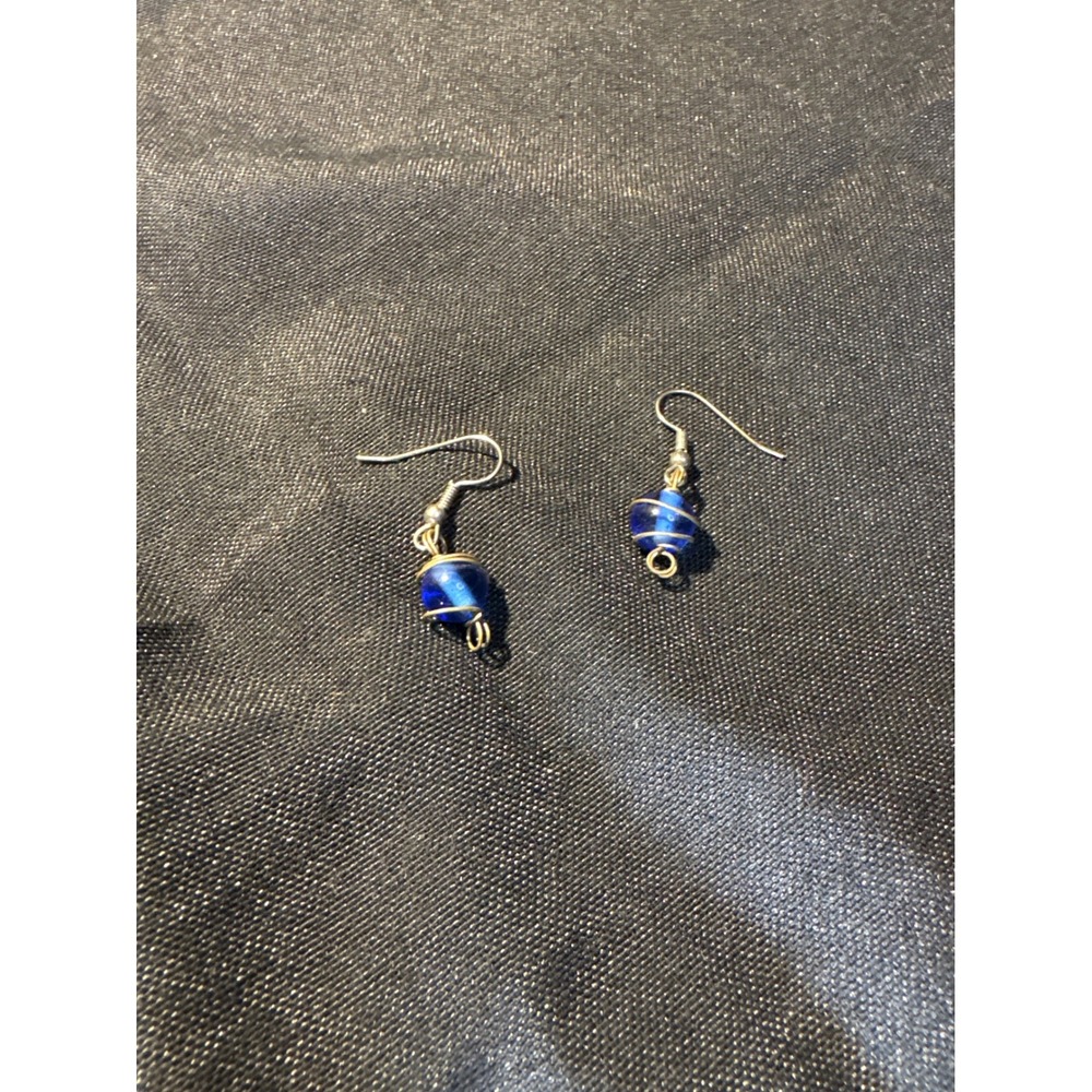 Handcrafted Blue‎ Beaded Dangle Earrings with Silver Wire Wrap